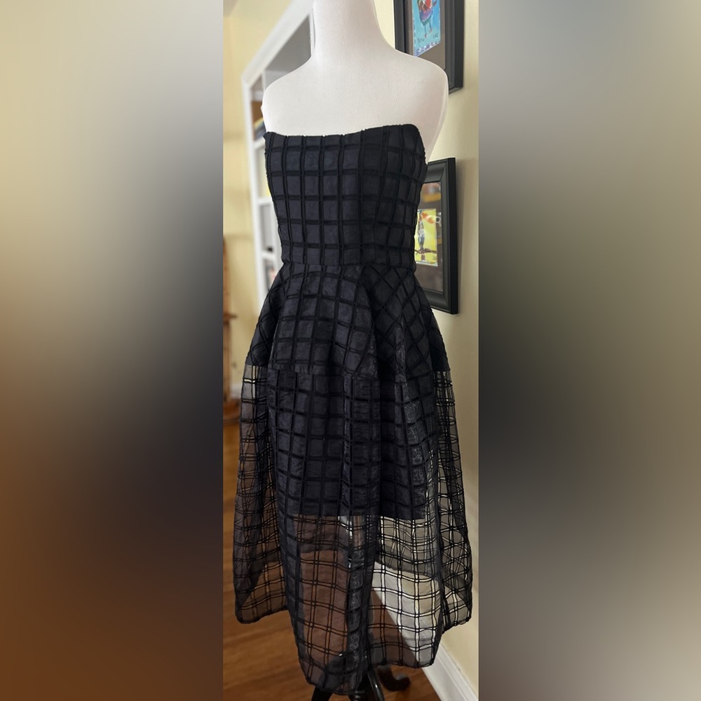 NICHOLAS Dress Strapless Black Windowpane Cutout Caged Sheer Full Skirt SZ 4 - Picture 3 of 13